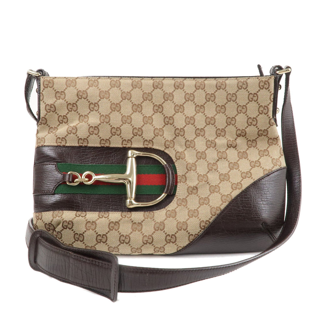 GUCCI Sherry Horsebit GG Canvas Leather Shoulder Bag Brown 141504