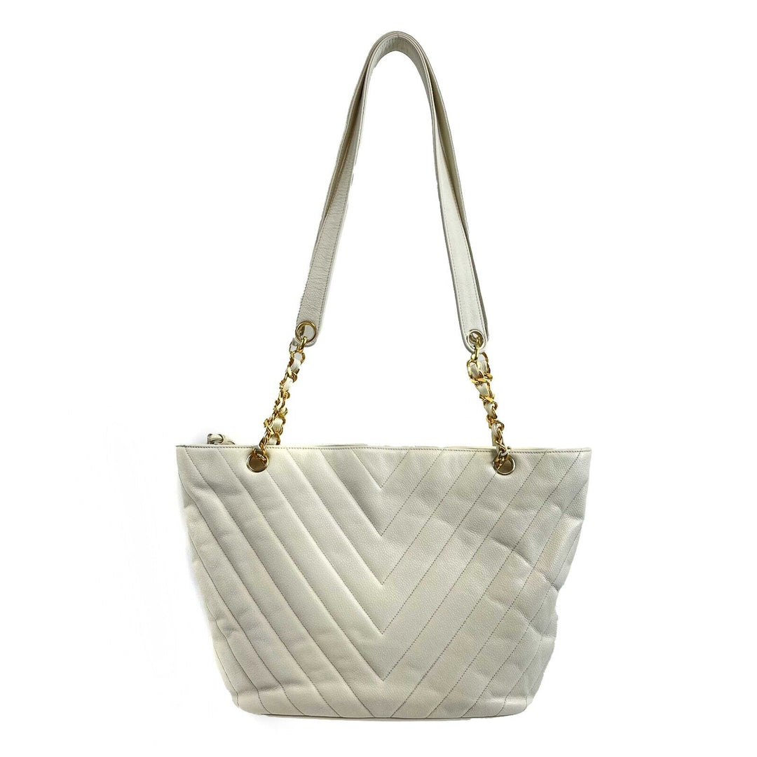 Chanel - Vintage 1994 White Leather Small Chevron Tote / Shoulder Bag