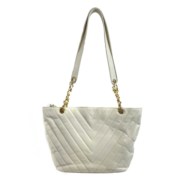 Chanel - Vintage 1994 White Leather Small Chevron Tote / Shoulder Bag