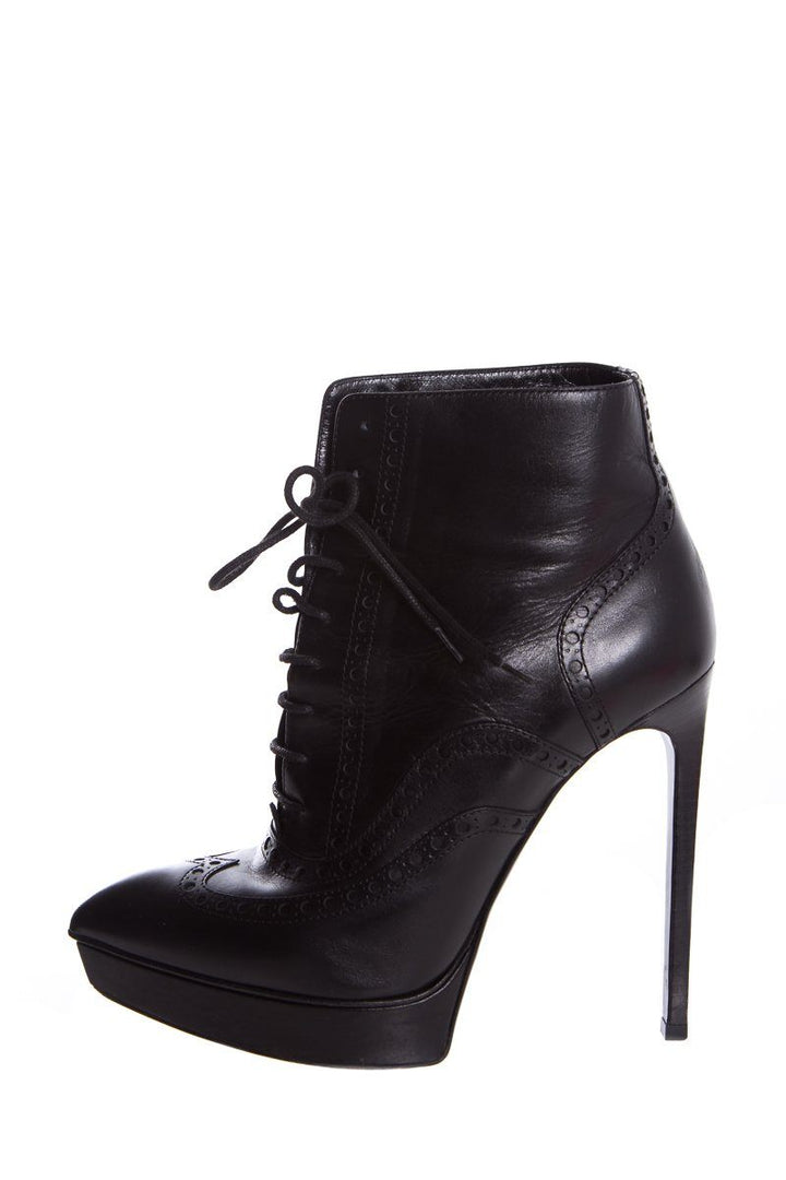 Yves Saint Laurent Black Leather Lace-Up Pointed-Toe Boots SZ 39