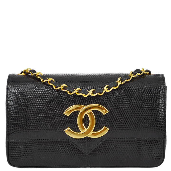 Top Quality Chanel 1989-1991 Black Lizard Chain Shoulder Bag