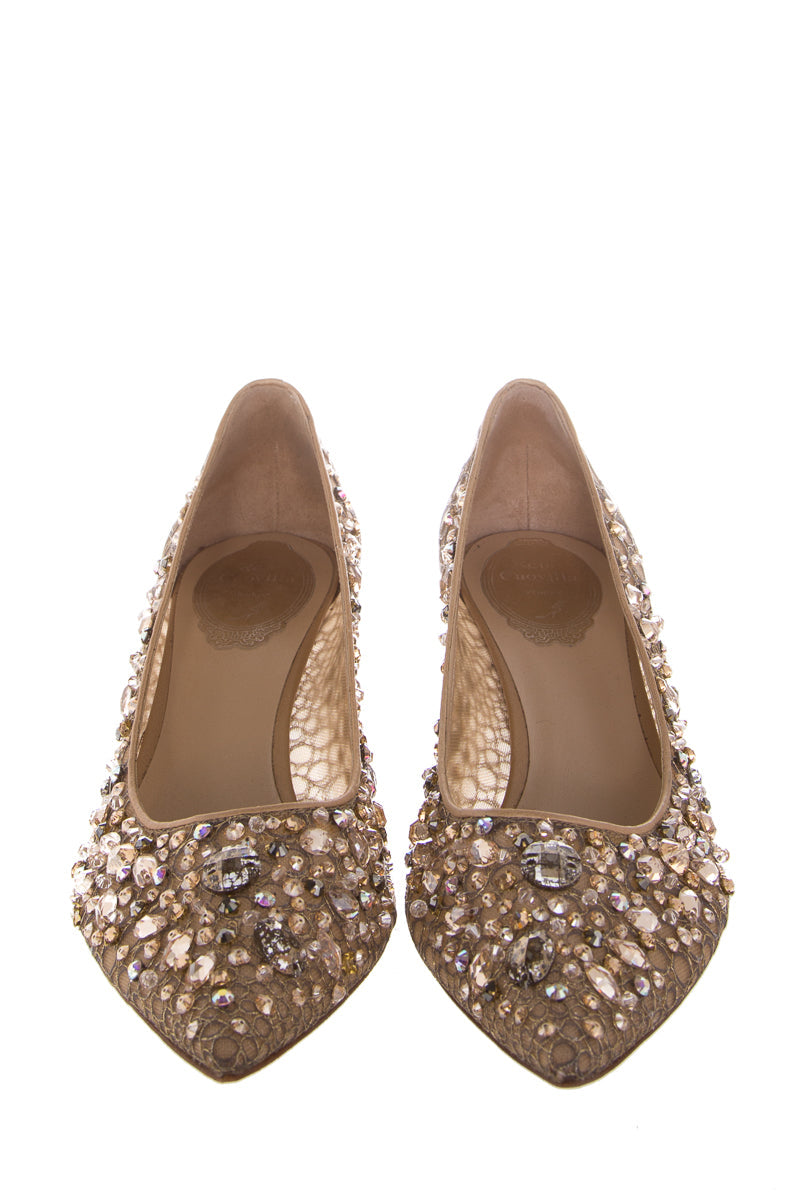 Rene Caovilla Gold Jeweled Lace Heels SZ 38