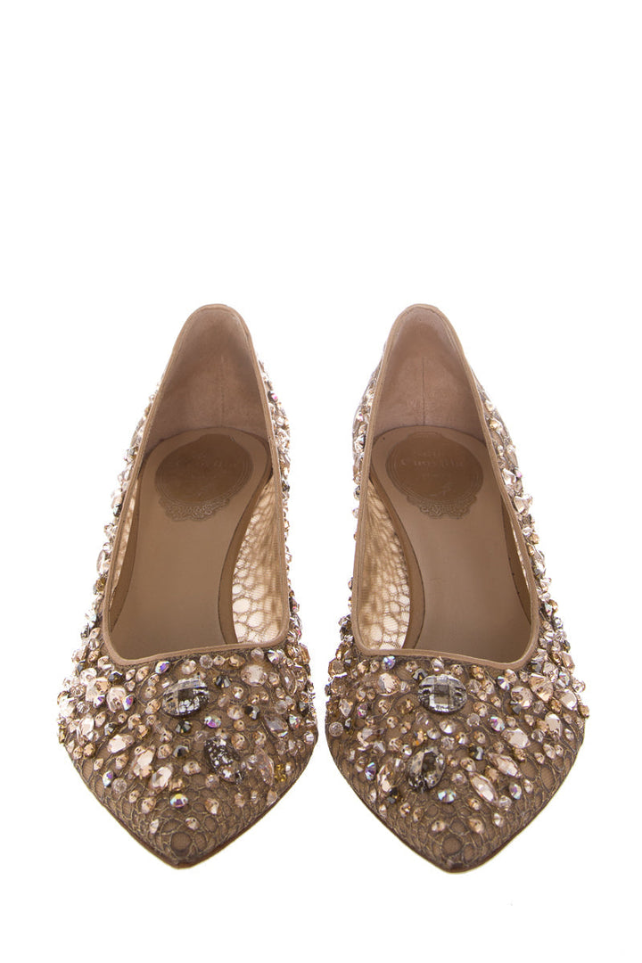 Rene Caovilla Gold Jeweled Lace Heels SZ 38