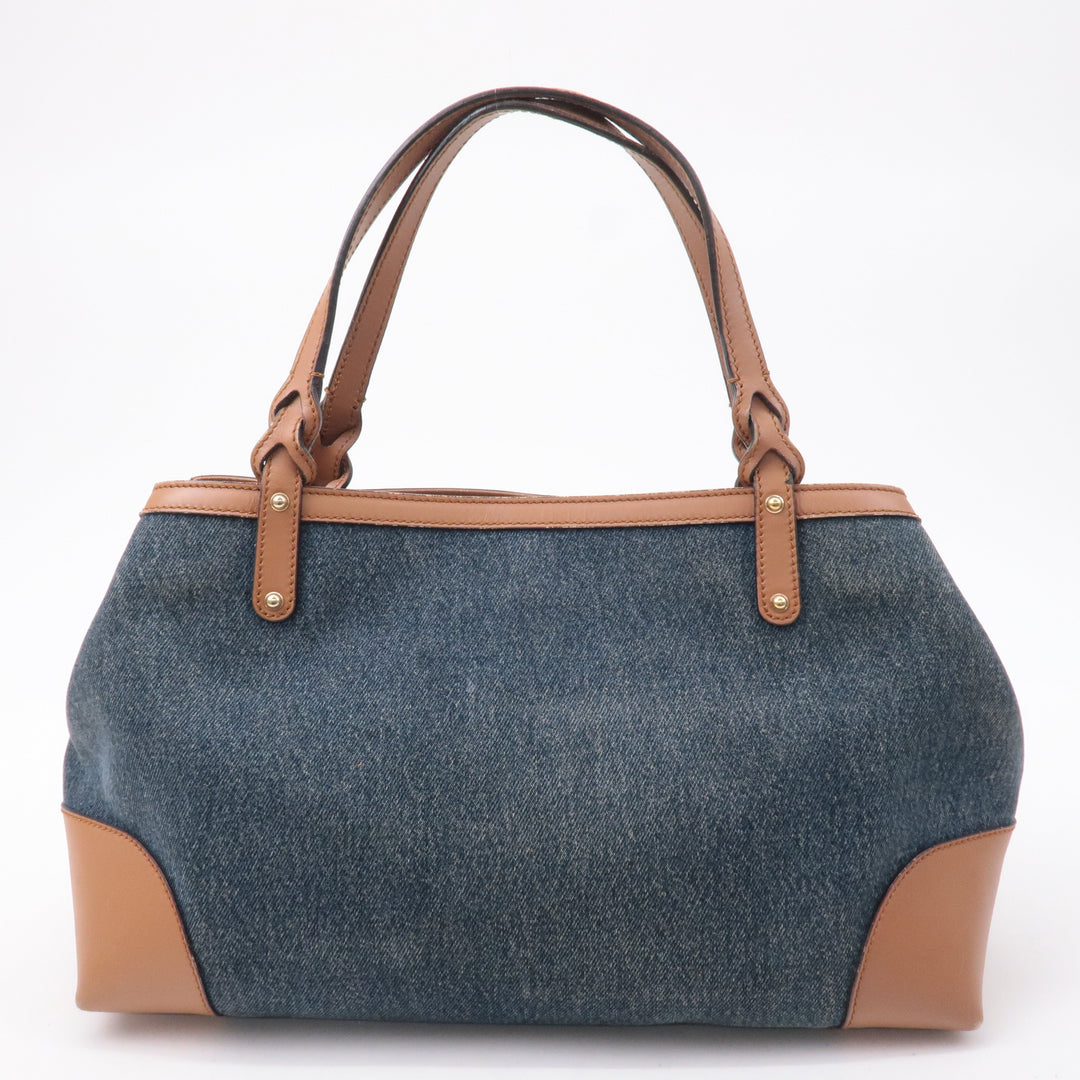 GUCCI Craft Denim Leather Tote Bag Hand Bag Navy Brown 348715