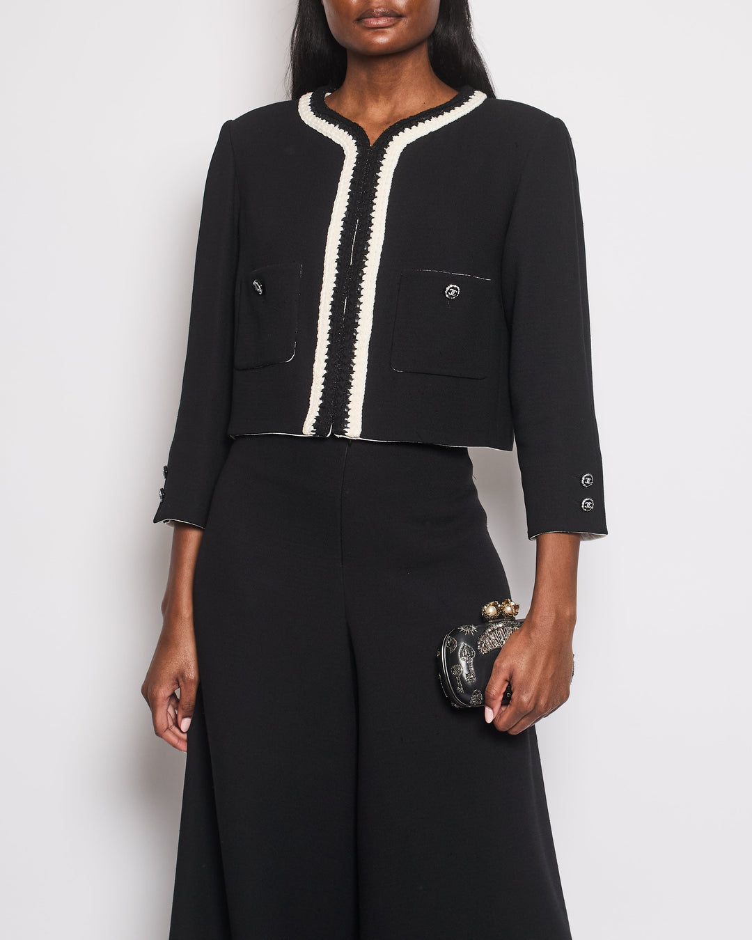 *SUPER HOT* Top Quality Chanel 22C Black, White Metallic Tweed Trim Silk Jacket and Wide-Leg Trouser Set with Crystal CC Logo Detail Size FR 42-44 (UK 14-16) Jacket RRP ¬£5,420