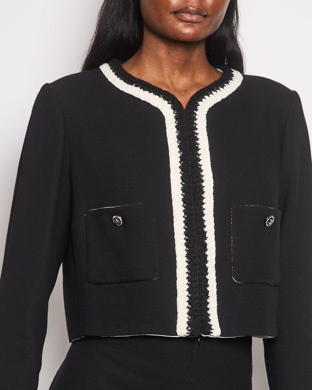 *SUPER HOT* Top Quality Chanel 22C Black, White Metallic Tweed Trim Silk Jacket and Wide-Leg Trouser Set with Crystal CC Logo Detail Size FR 42-44 (UK 14-16) Jacket RRP ¬£5,420
