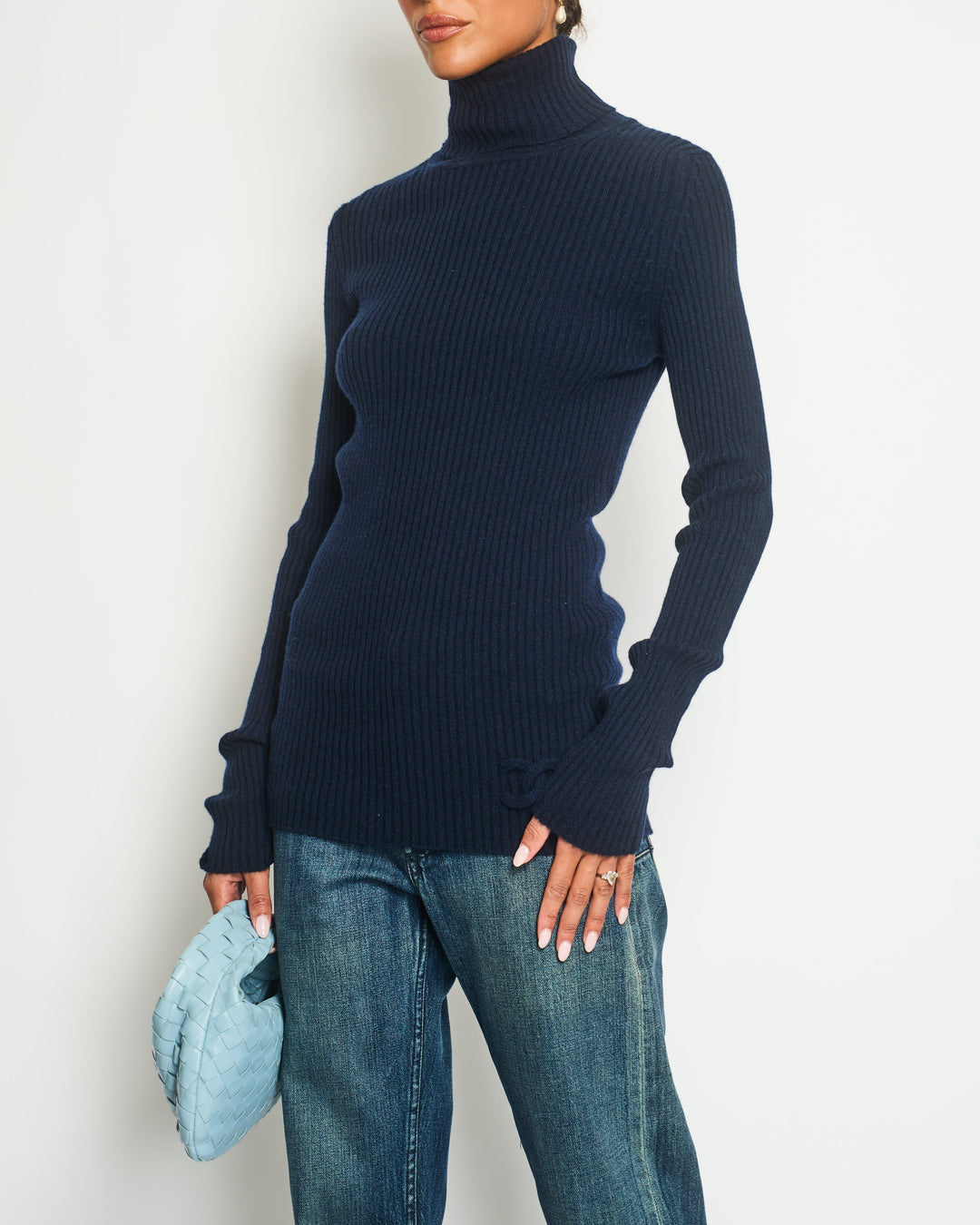 Top Quality Chanel Navy Ribbed Cashmere Roll Neck Long Sleeve Jumper with CC Logo Detail FR 36 (UK 8)