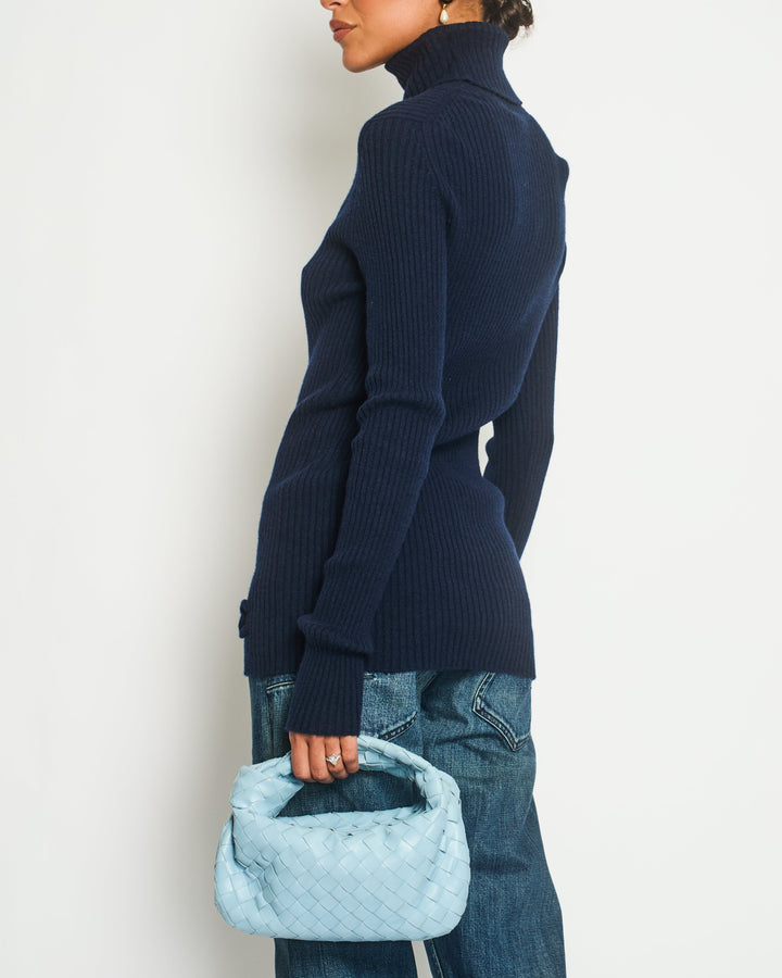 Top Quality Chanel Navy Ribbed Cashmere Roll Neck Long Sleeve Jumper with CC Logo Detail FR 36 (UK 8)