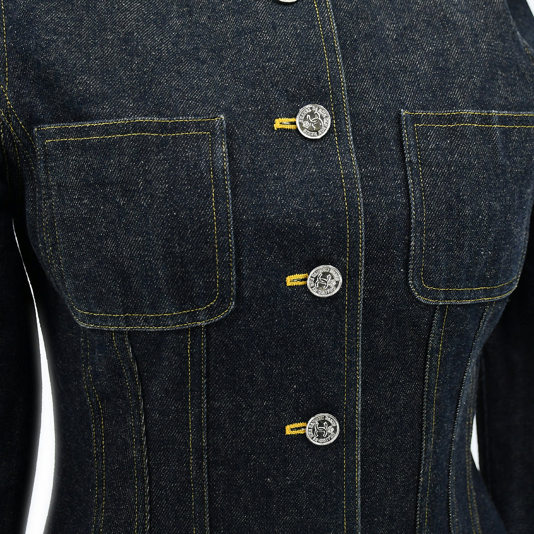 Top Quality Chanel Spring 1996 Setup Suit Collarless Jacket Skirt Denim Indigo #38