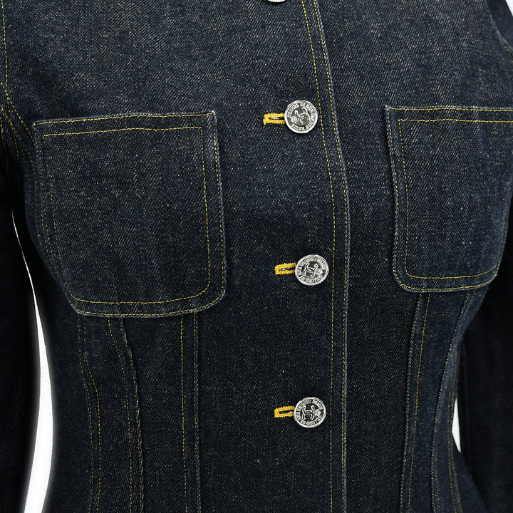 Top Quality Chanel Spring 1996 Setup Suit Collarless Jacket Skirt Denim Indigo #38