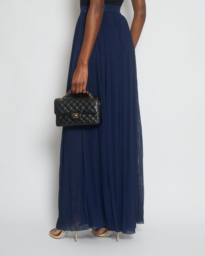 Top Quality Chanel Navy Pleated High-Waist Trousers with CC Button Detail Size FR 34 (UK 6)