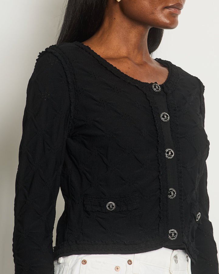 *HOT* Chanel Black Stretch-Jersey igan with Ruthenium CC Buttons Detail Size FR 40 (UK 12)