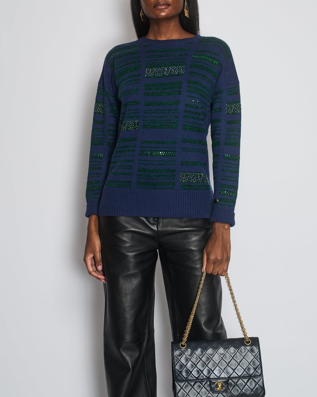 Top Quality Chanel Navy Cashmere Long-Sleeve Jumper with Green Sequin Embellishments Size FR 36 (UK 8)