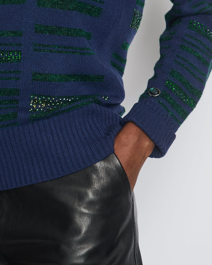 Top Quality Chanel Navy Cashmere Long-Sleeve Jumper with Green Sequin Embellishments Size FR 36 (UK 8)