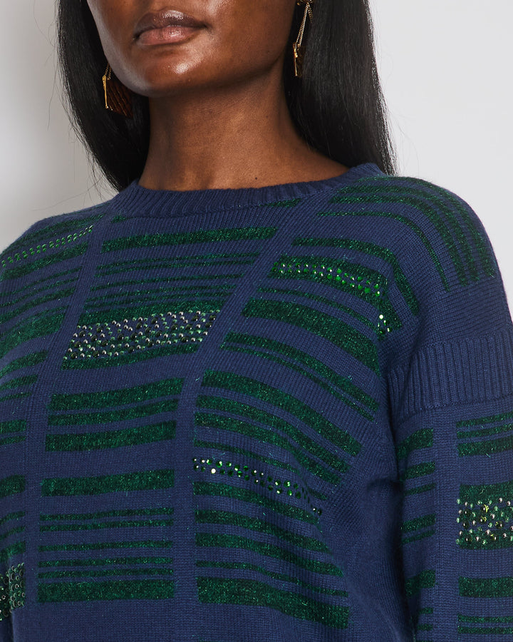 Top Quality Chanel Navy Cashmere Long-Sleeve Jumper with Green Sequin Embellishments Size FR 36 (UK 8)