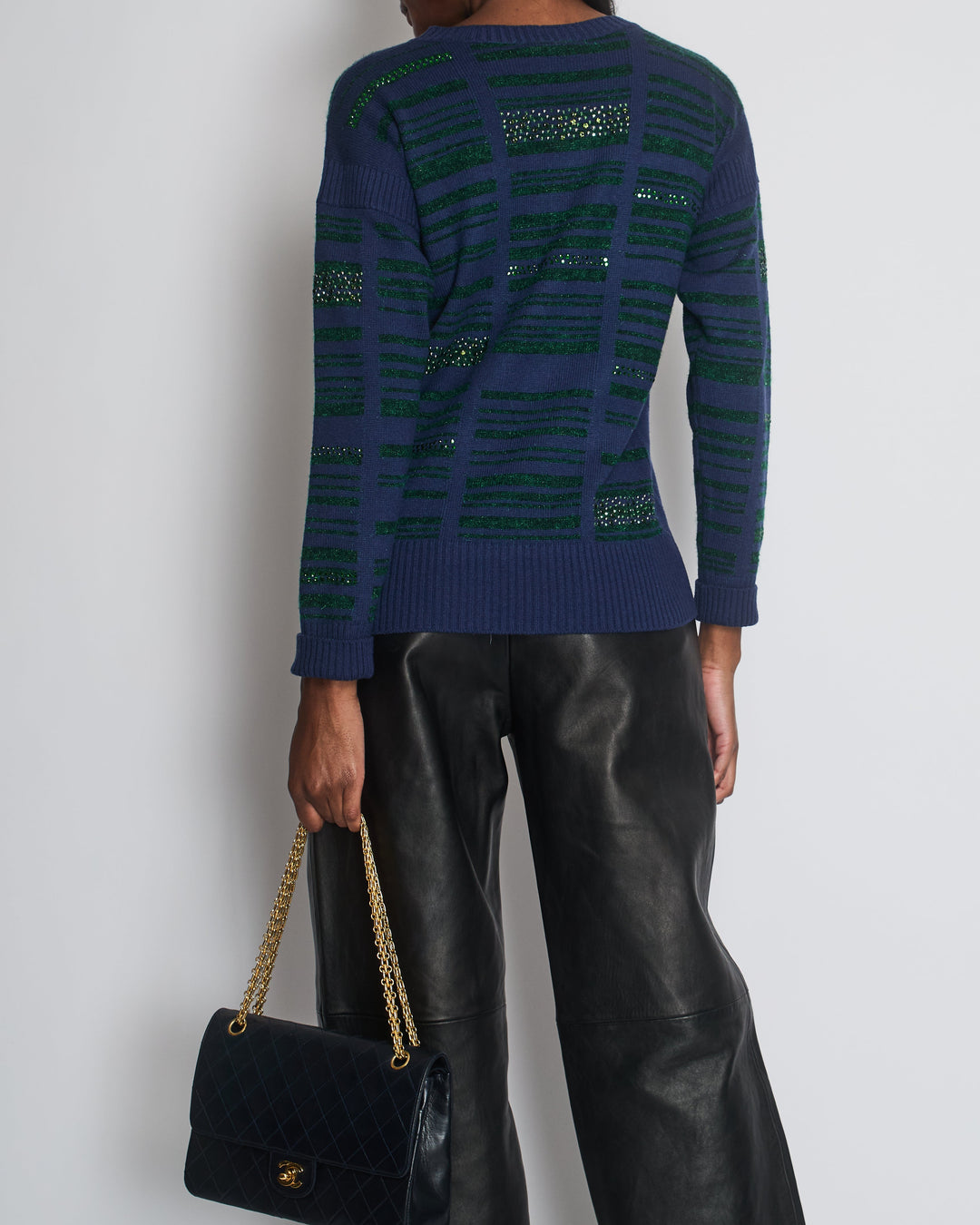 Top Quality Chanel Navy Cashmere Long-Sleeve Jumper with Green Sequin Embellishments Size FR 36 (UK 8)