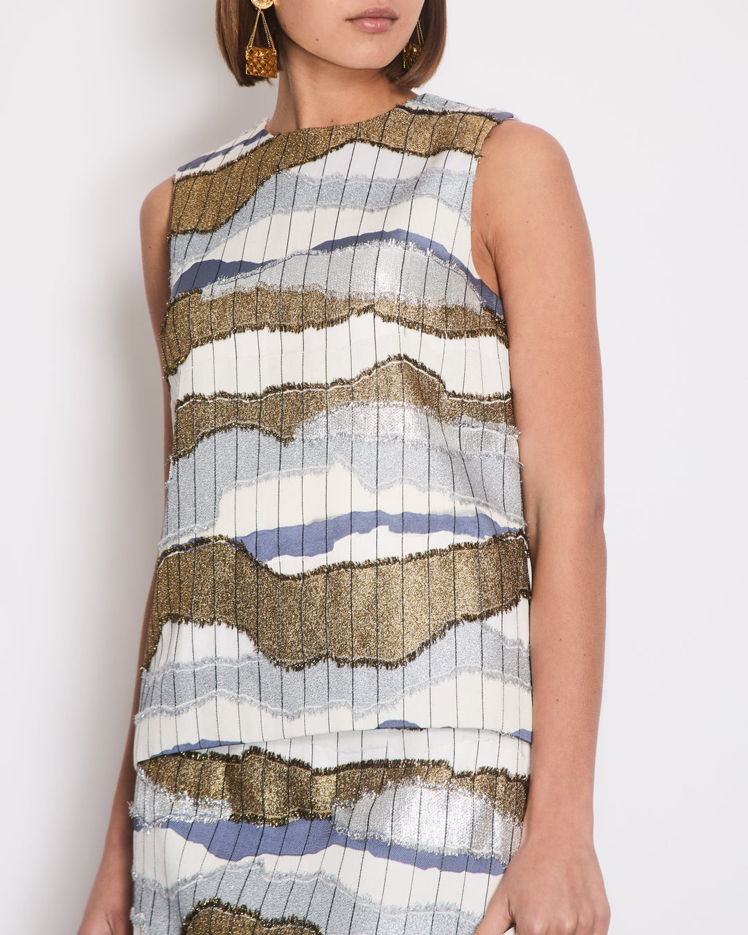 Christian Top quality Dior White, Silver and Gold Metallic Striped Vest Top and Mini Skirt Set Size FR 38/40 (UK 10/12)
