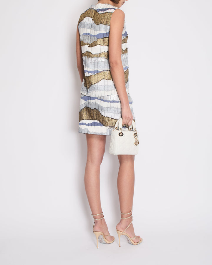 Christian Top quality Dior White, Silver and Gold Metallic Striped Vest Top and Mini Skirt Set Size FR 38/40 (UK 10/12)