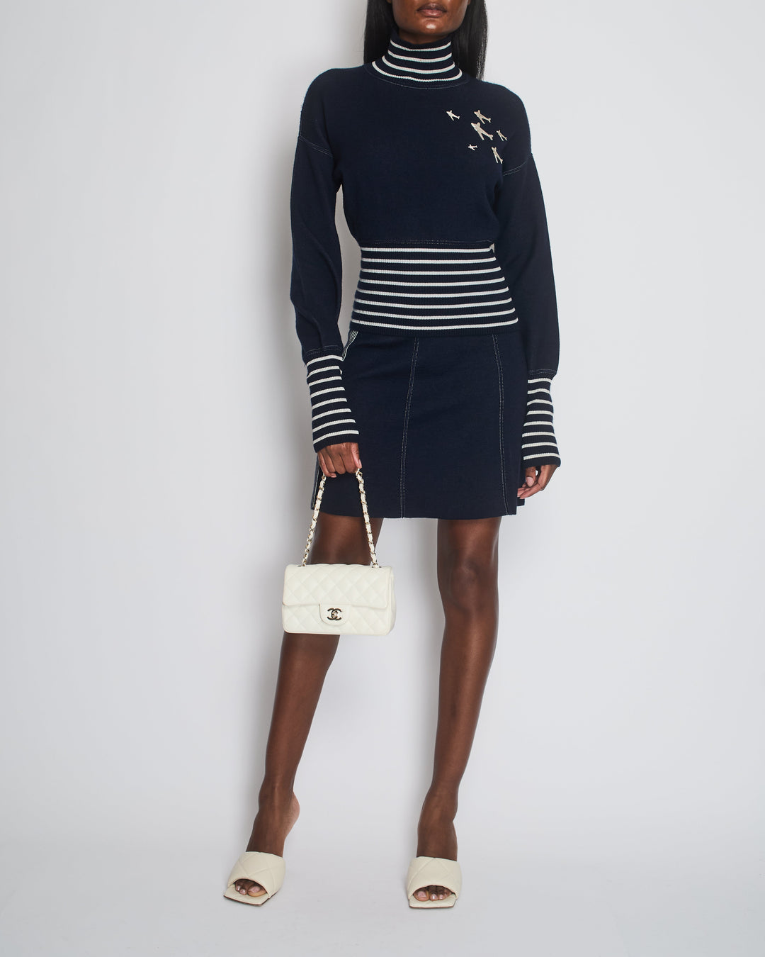 *HOT* Chanel Airline Collection Navy Cashmere Jumper and Mini Skirt Set with Silver Logo Airplane Appliqu√©s Size FR 38 (UK 10)