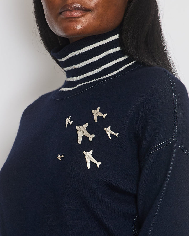 *HOT* Top Quality Chanel Airline Collection Navy Cashmere Jumper and Mini Skirt Set with Silver Logo Airplane Appliqu√©s Size FR 38 (UK 10)