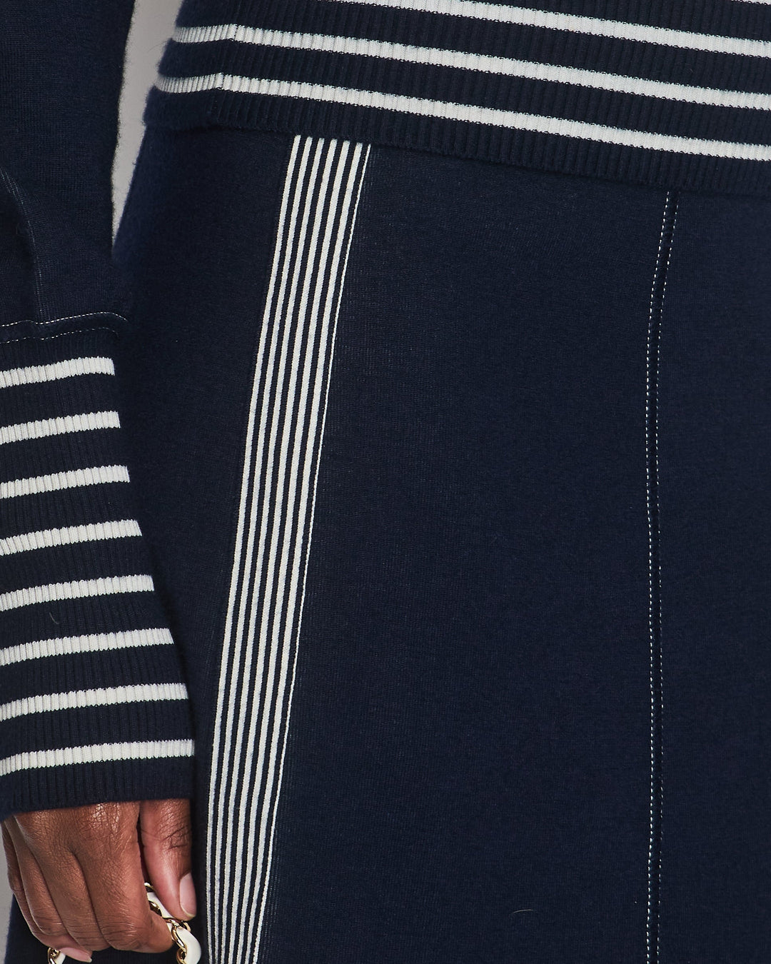 *HOT* Chanel Airline Collection Navy Cashmere Jumper and Mini Skirt Set with Silver Logo Airplane Appliqu√©s Size FR 38 (UK 10)