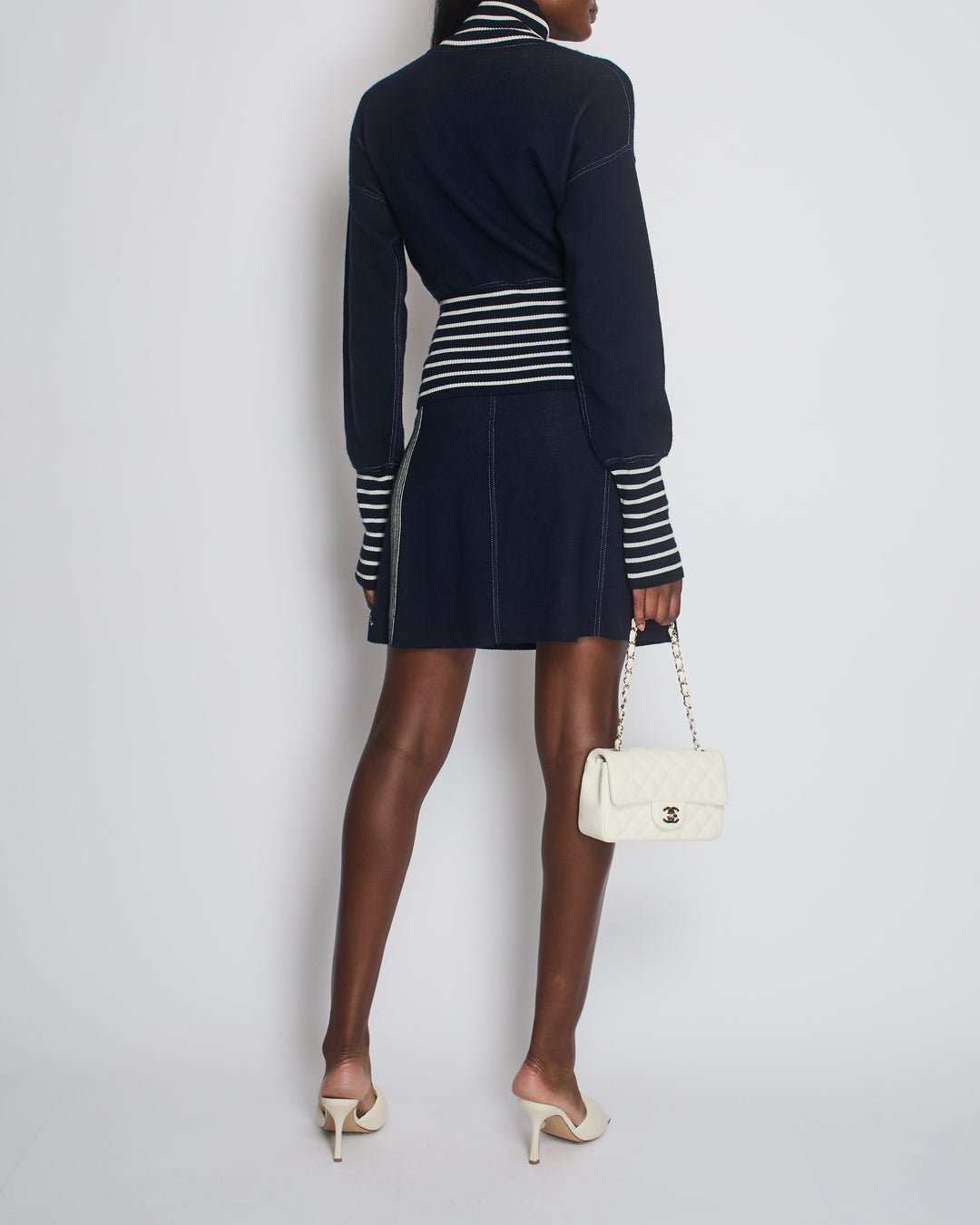*HOT* Top Quality Chanel Airline Collection Navy Cashmere Jumper and Mini Skirt Set with Silver Logo Airplane Appliqu√©s Size FR 38 (UK 10)