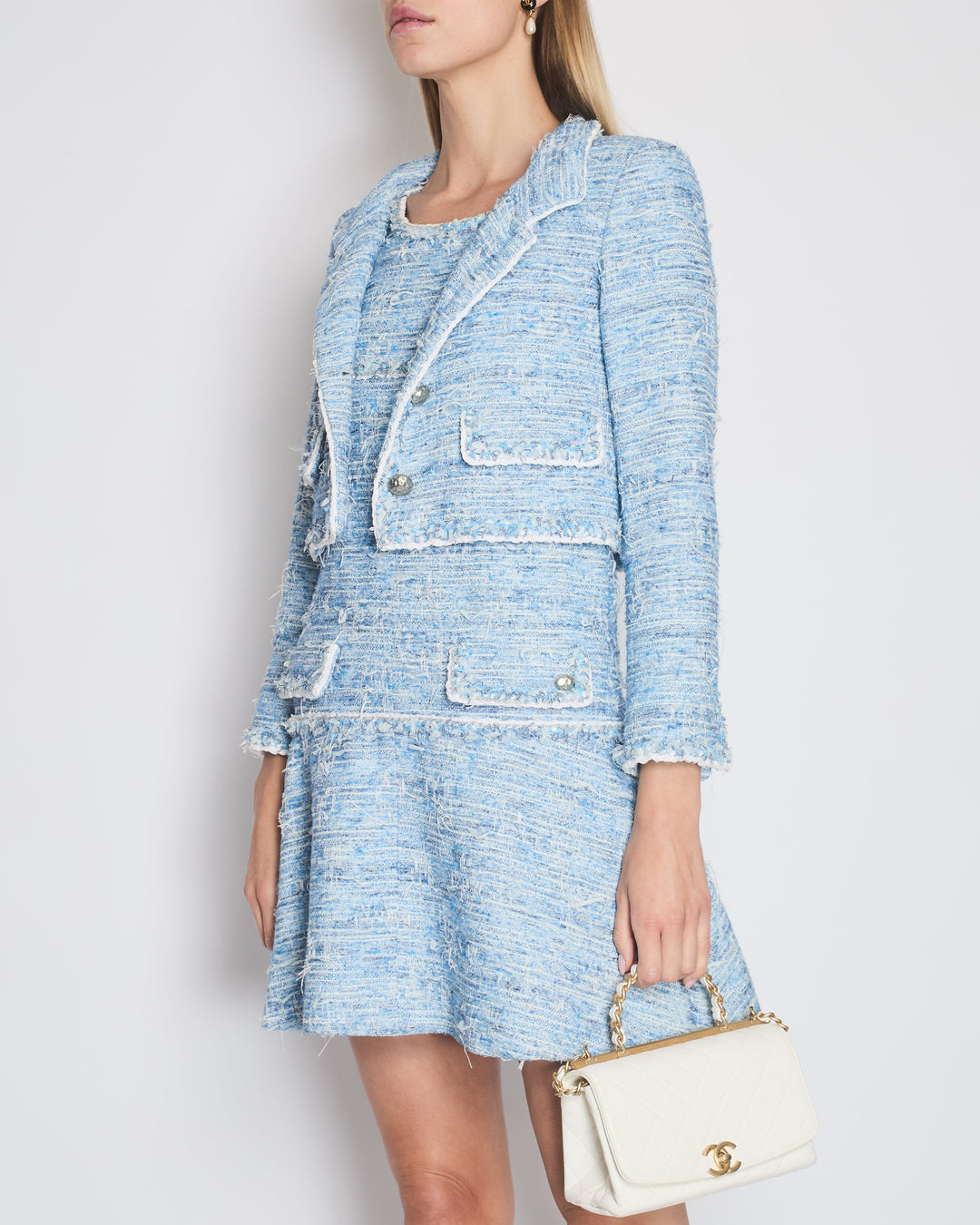 *HOT* Top Quality Chanel 12K Blue Tweed Jacket and Tiered Sleeveless Dress with Pocket Detail Set Size FR 36 (UK 8)