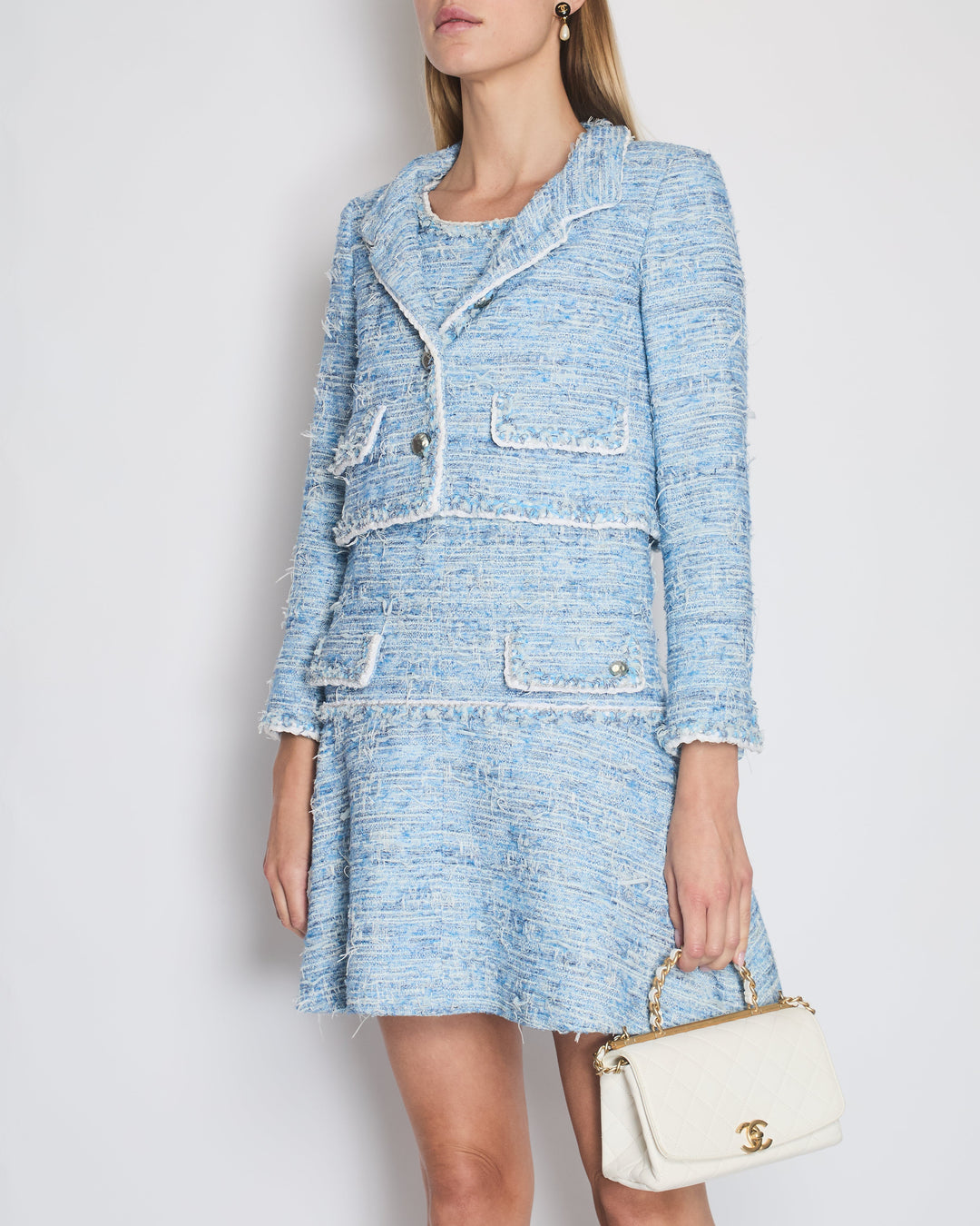 *HOT* Top Quality Chanel 12K Blue Tweed Jacket and Tiered Sleeveless Dress with Pocket Detail Set Size FR 36 (UK 8)