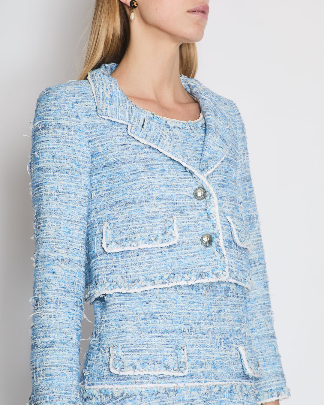 *HOT* Top Quality Chanel 12K Blue Tweed Jacket and Tiered Sleeveless Dress with Pocket Detail Set Size FR 36 (UK 8)