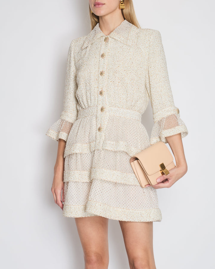 *RUNWAY* Top Quality Chanel Spring/Summer 2020 Beige Long Sleeve Dress with Mesh Polkadot & CC Buttons Details Size FR 36 (UK 8)