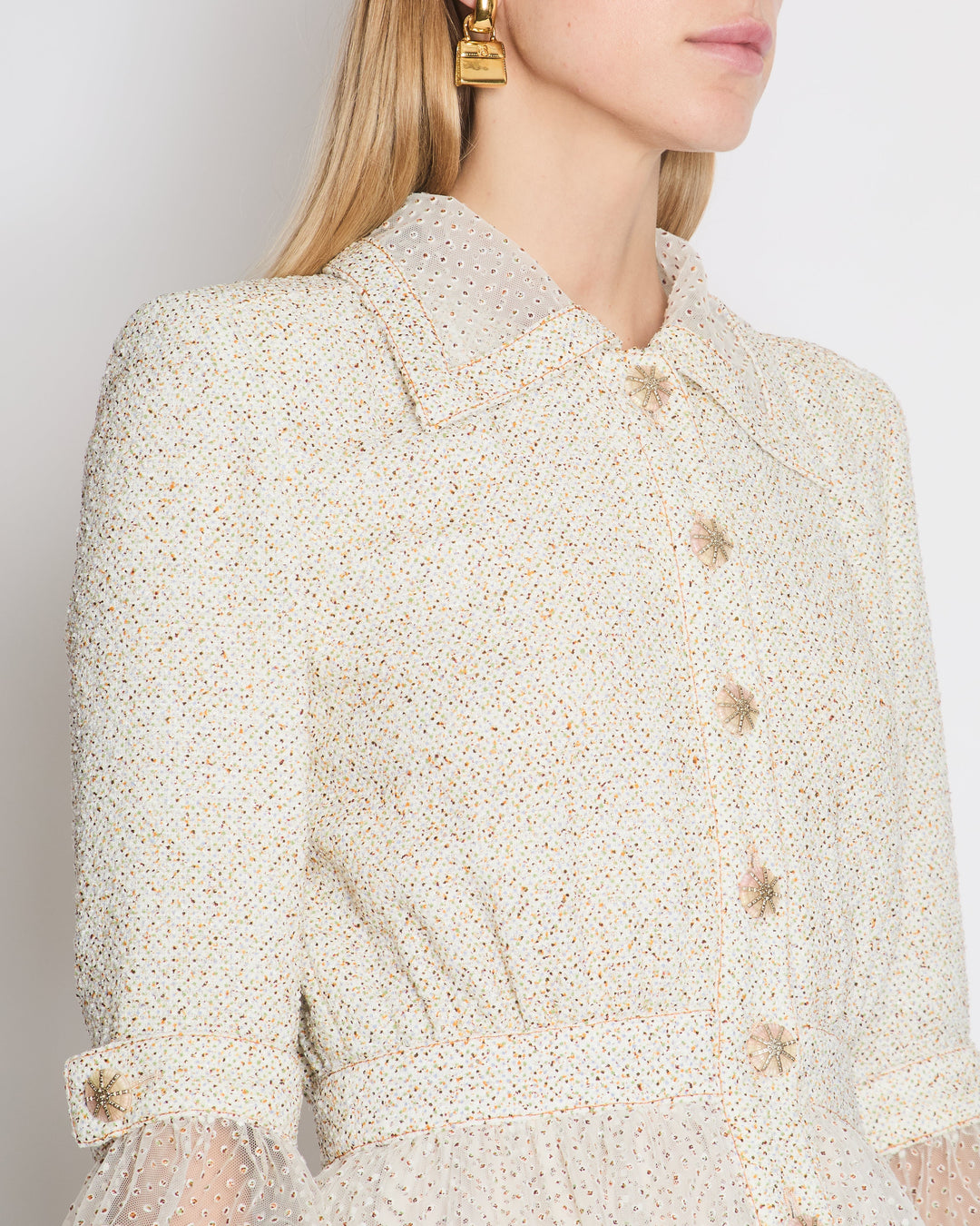 *RUNWAY* Top Quality Chanel Spring/Summer 2020 Beige Long Sleeve Dress with Mesh Polkadot & CC Buttons Details Size FR 36 (UK 8)