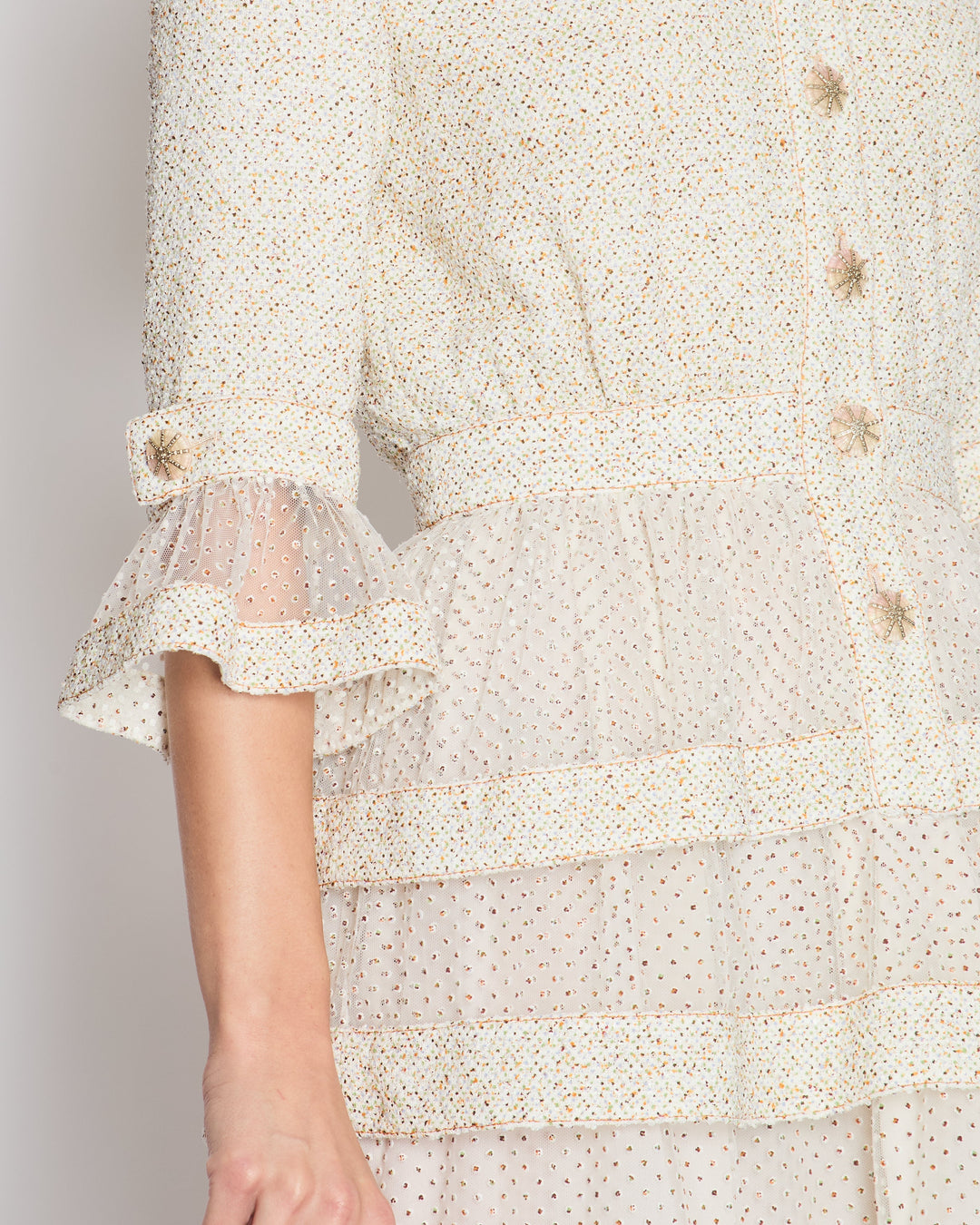 *RUNWAY* Top Quality Chanel Spring/Summer 2020 Beige Long Sleeve Dress with Mesh Polkadot & CC Buttons Details Size FR 36 (UK 8)