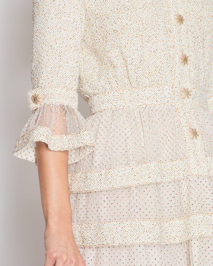 *RUNWAY* Top Quality Chanel Spring/Summer 2020 Beige Long Sleeve Dress with Mesh Polkadot & CC Buttons Details Size FR 36 (UK 8)