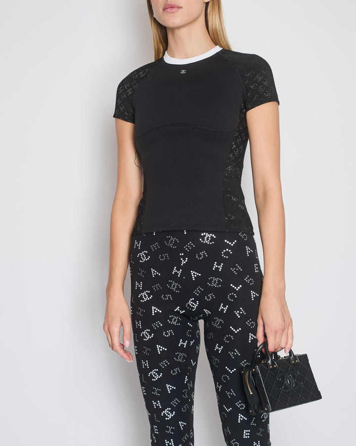 *HOT* Top Quality Chanel 24C Black Scuba Top with Metallic & Crystal CC Logo Details Size FR 36 (UK 8)