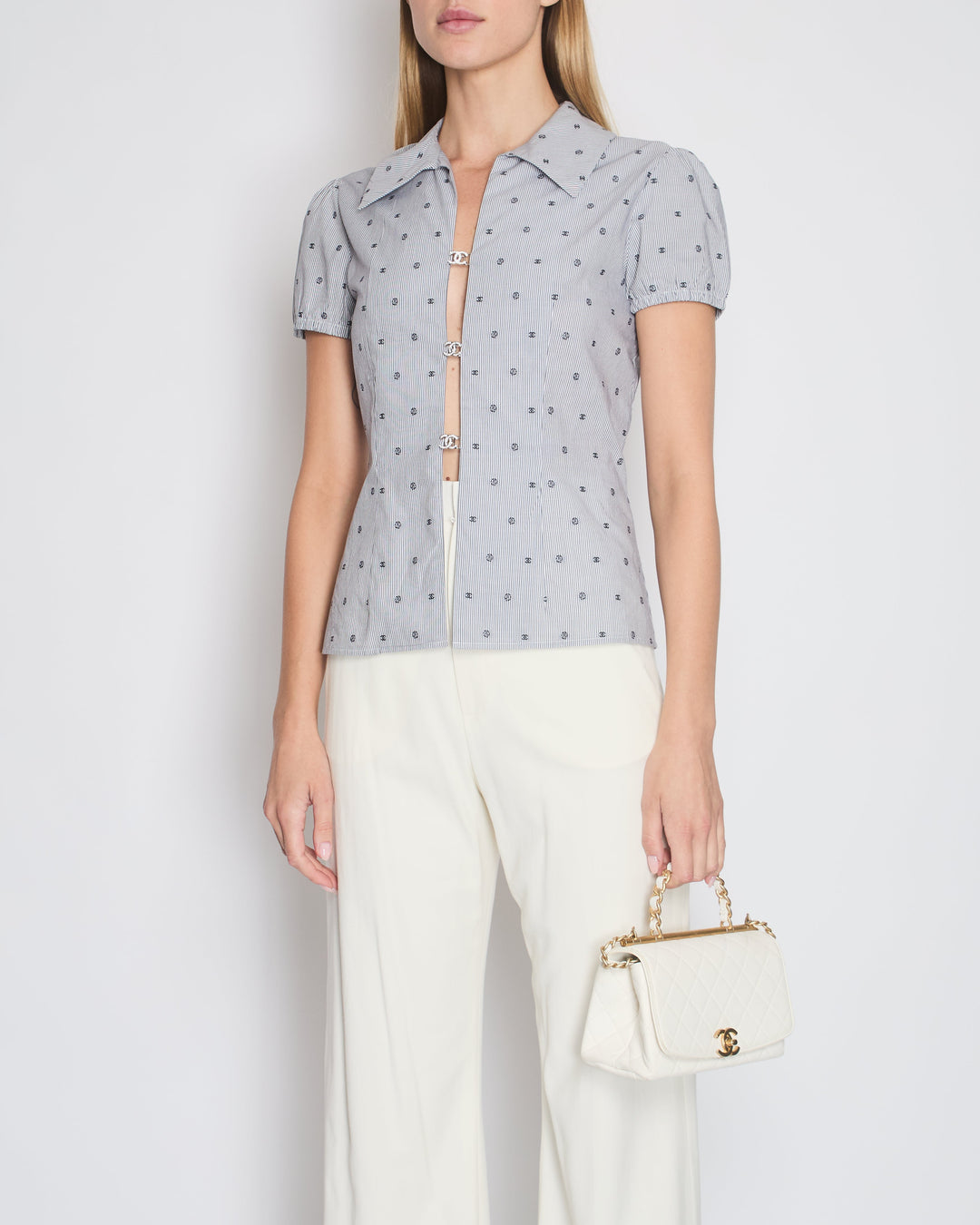 *HOT* Top Quality Chanel Spring/Summer 2024 Grey & White 2 Piece Striped Shirts Set with Camelia Print Details and Crystal CC Hooks. Cropped Shirt Size FR 36 (UK 8) Long Shirt Size FR 38 (UK 10)