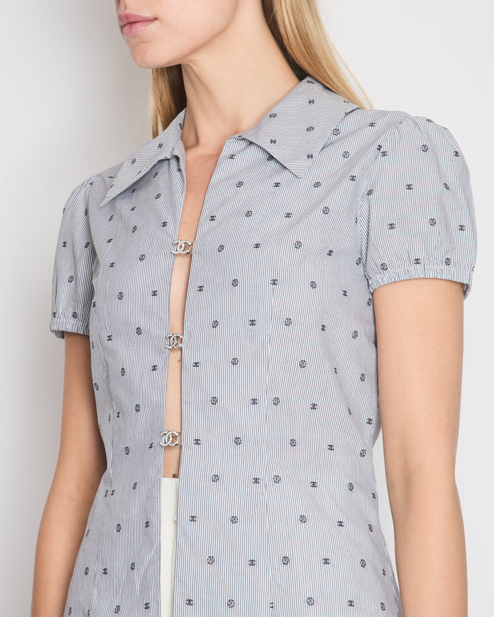 *HOT* Top Quality Chanel Spring/Summer 2024 Grey & White 2 Piece Striped Shirts Set with Camelia Print Details and Crystal CC Hooks. Cropped Shirt Size FR 36 (UK 8) Long Shirt Size FR 38 (UK 10)