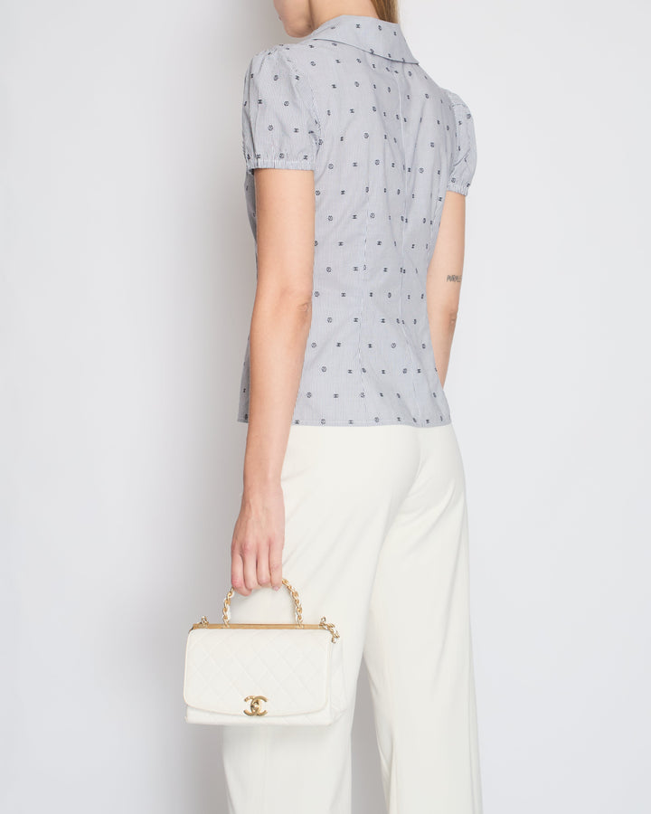 *HOT* Top Quality Chanel Spring/Summer 2024 Grey & White 2 Piece Striped Shirts Set with Camelia Print Details and Crystal CC Hooks. Cropped Shirt Size FR 36 (UK 8) Long Shirt Size FR 38 (UK 10)