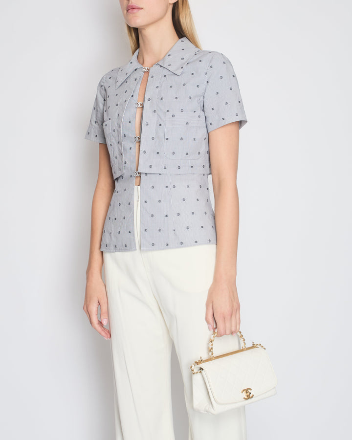 *HOT* Top Quality Chanel Spring/Summer 2024 Grey & White 2 Piece Striped Shirts Set with Camelia Print Details and Crystal CC Hooks. Cropped Shirt Size FR 36 (UK 8) Long Shirt Size FR 38 (UK 10)