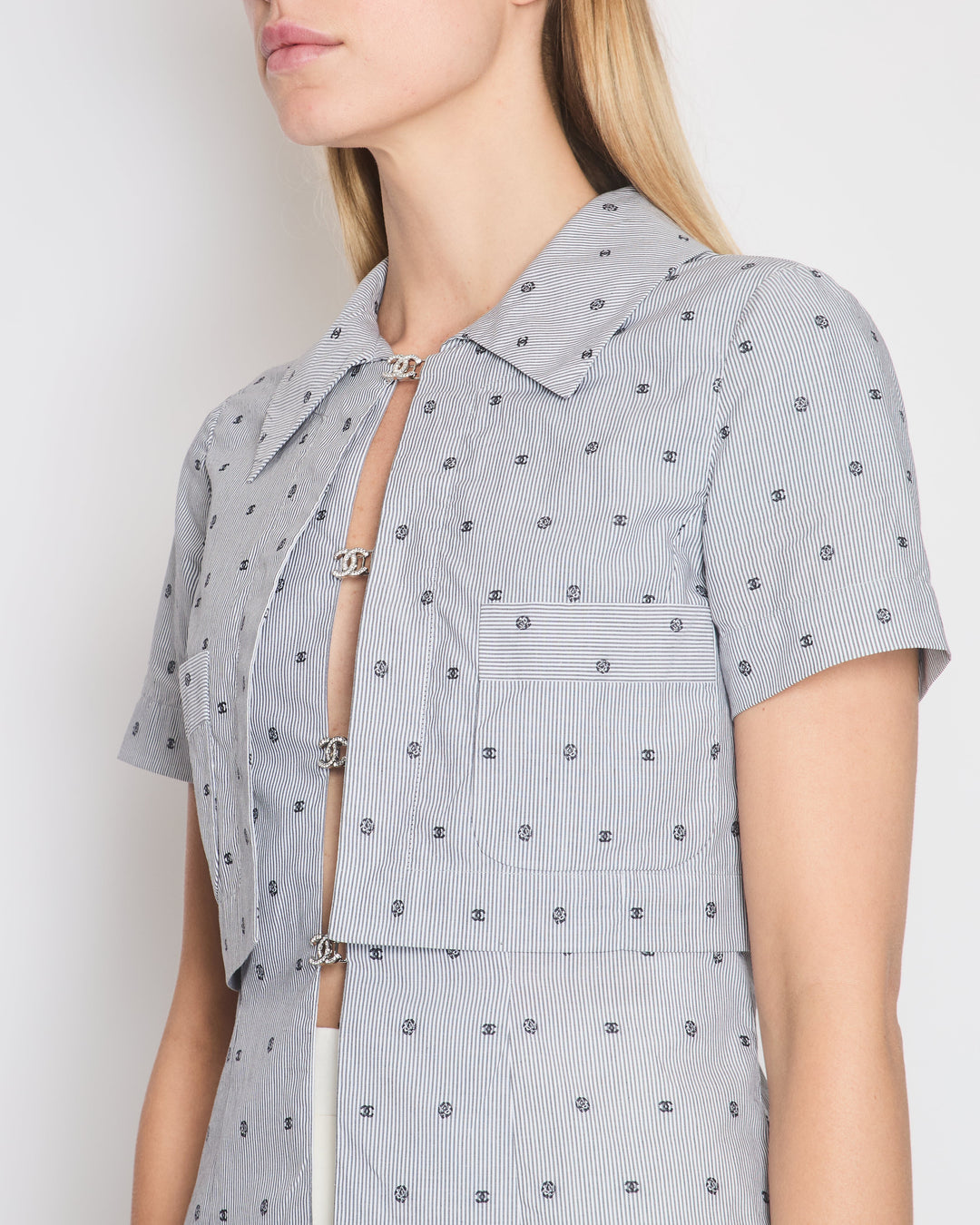 *HOT* Top Quality Chanel Spring/Summer 2024 Grey & White 2 Piece Striped Shirts Set with Camelia Print Details and Crystal CC Hooks. Cropped Shirt Size FR 36 (UK 8) Long Shirt Size FR 38 (UK 10)