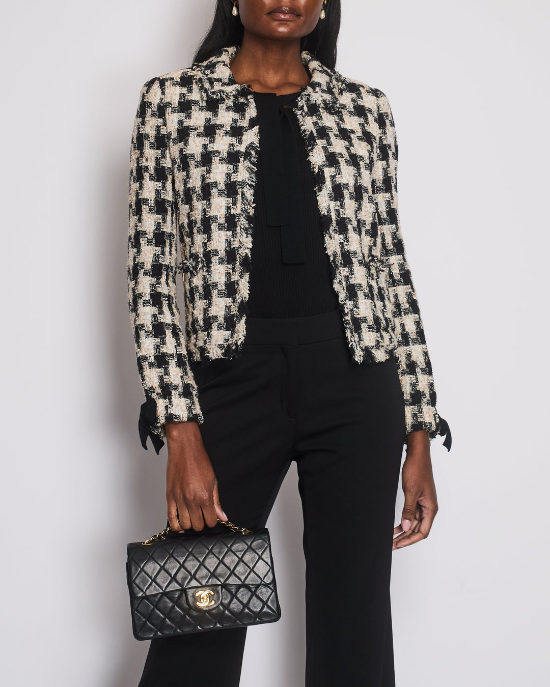 Top Quality Chanel 04/A Black Tweed Jacket with Bow Tie Detail Size FR 36 (UK 8)