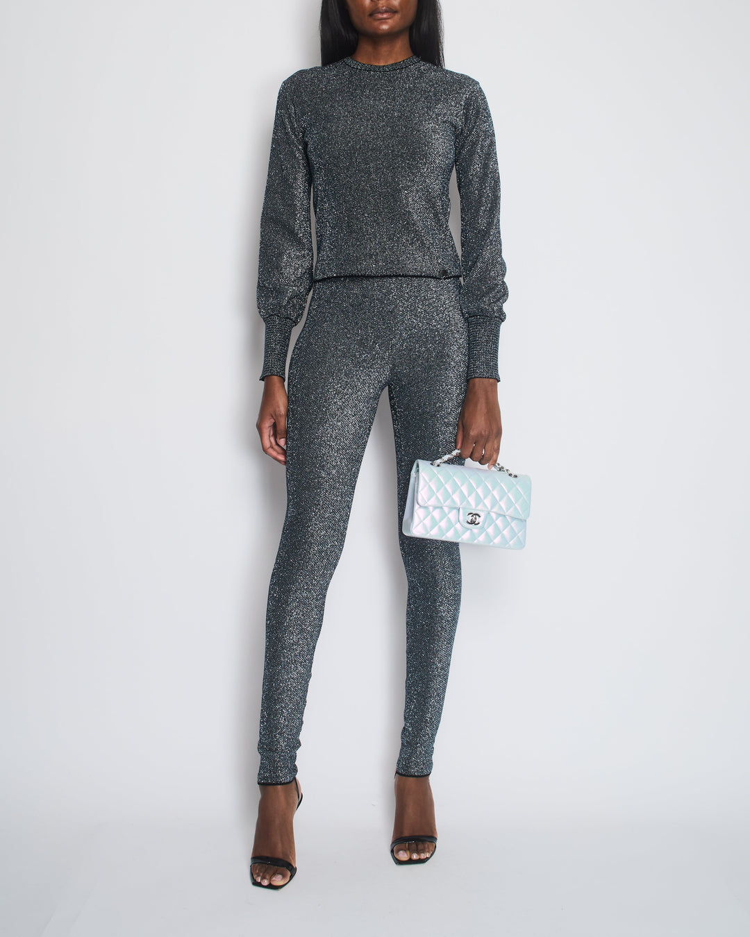 Top Quality Chanel Silver Metallic Long-Sleeve Top and Leggings Set Size FR 34/36 (UK 6/8)