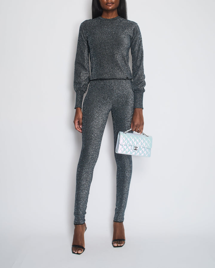 Top Quality Chanel Silver Metallic Long-Sleeve Top and Leggings Set Size FR 34/36 (UK 6/8)