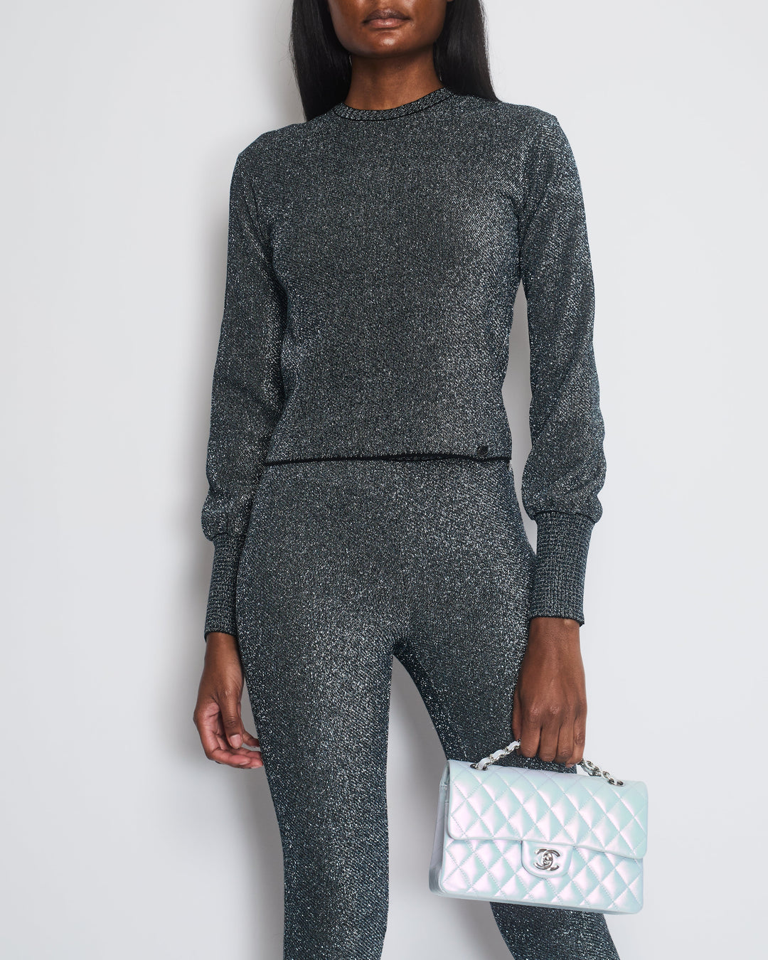 Top Quality Chanel Silver Metallic Long-Sleeve Top and Leggings Set Size FR 34/36 (UK 6/8)
