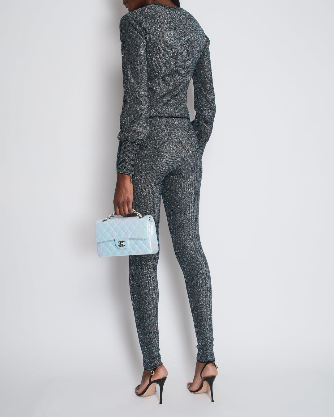 Top Quality Chanel Silver Metallic Long-Sleeve Top and Leggings Set Size FR 34/36 (UK 6/8)
