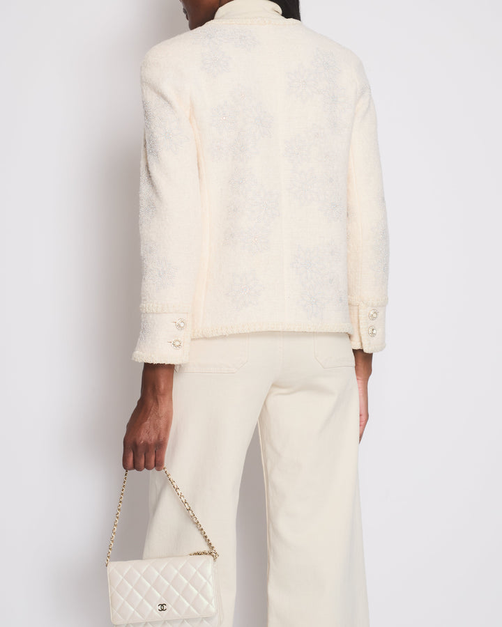 Top Quality Chanel 15A Paris-Salzburg Cream Tweed Jacket with Sequin Embellished Edelweiss and Pearl Buttons Size FR 36 (UK 8)