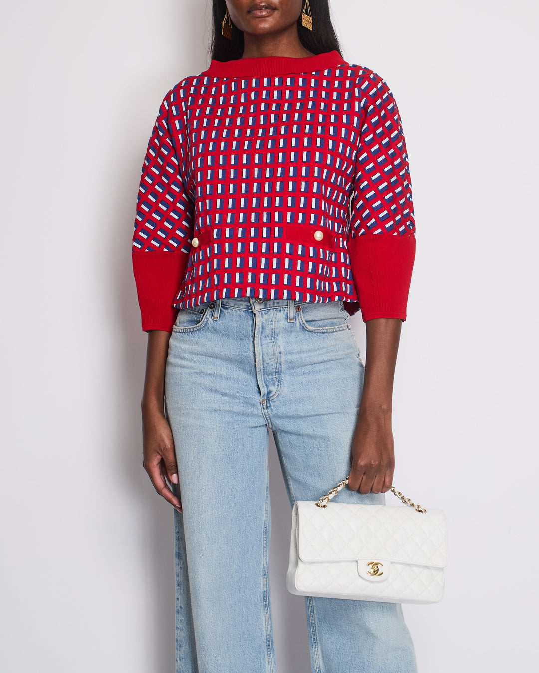 Top Quality Chanel SS13 Red Knit Jumper with Pearl Pockets & Blue and White Window Detail Size FR 36 (UK 8)