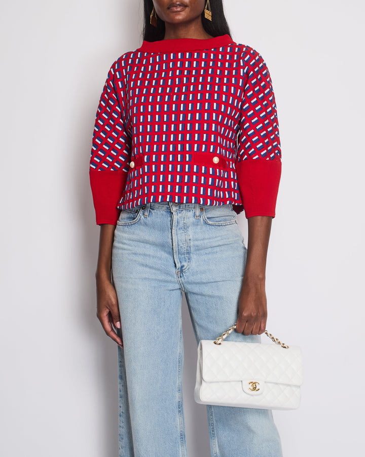 Top Quality Chanel SS13 Red Knit Jumper with Pearl Pockets & Blue and White Window Detail Size FR 36 (UK 8)