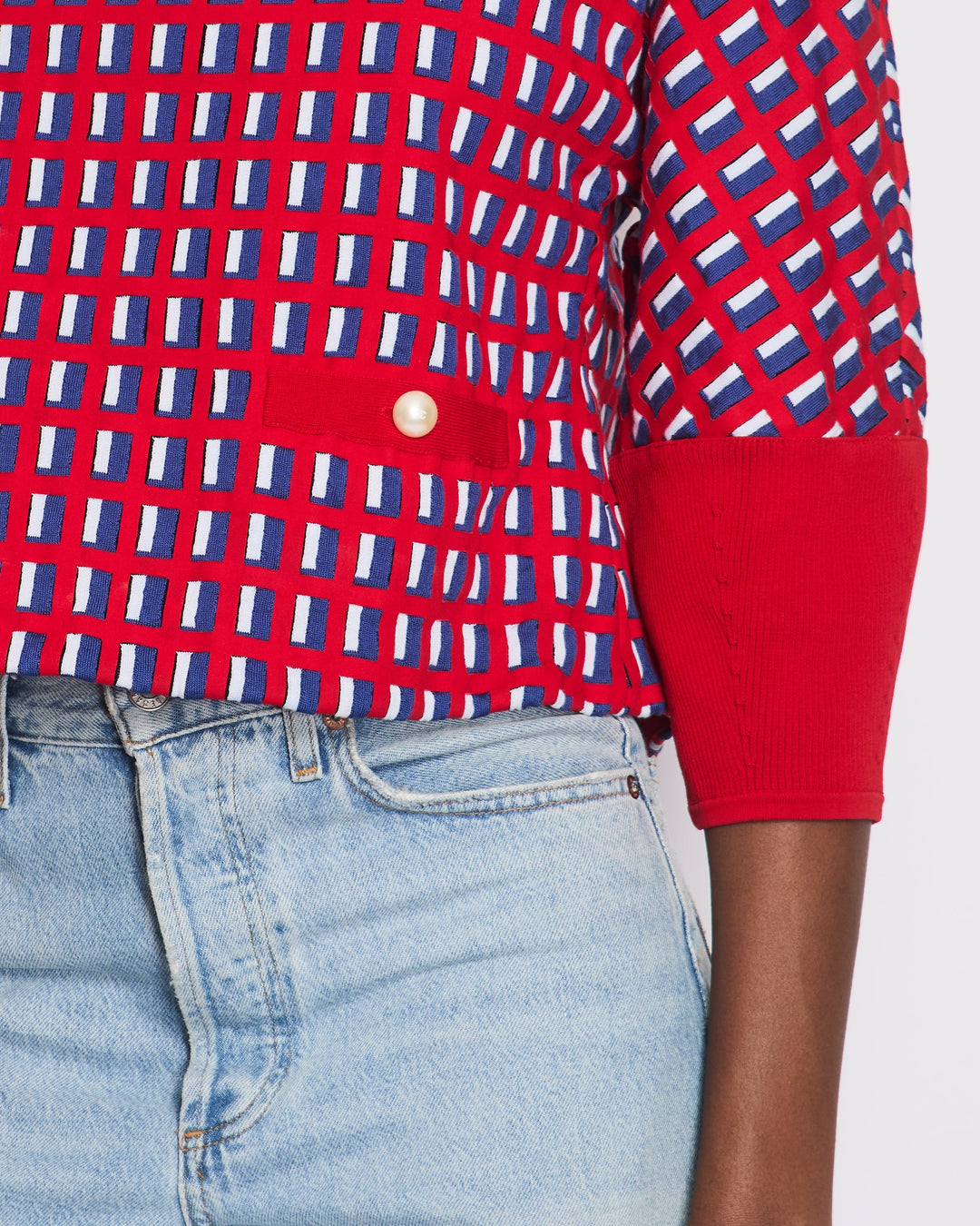 Top Quality Chanel SS13 Red Knit Jumper with Pearl Pockets & Blue and White Window Detail Size FR 36 (UK 8)