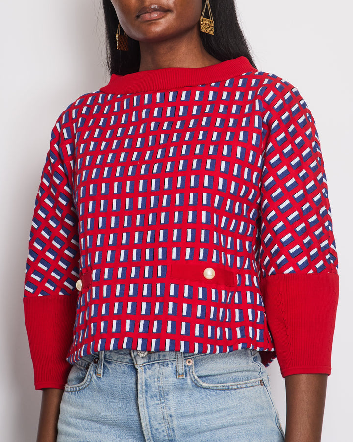 Top Quality Chanel SS13 Red Knit Jumper with Pearl Pockets & Blue and White Window Detail Size FR 36 (UK 8)