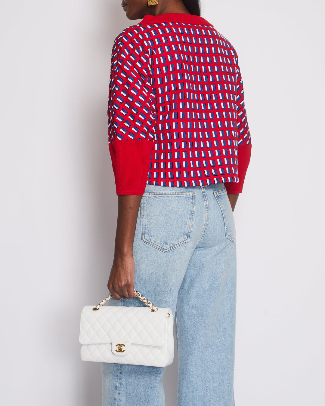 Top Quality Chanel SS13 Red Knit Jumper with Pearl Pockets & Blue and White Window Detail Size FR 36 (UK 8)